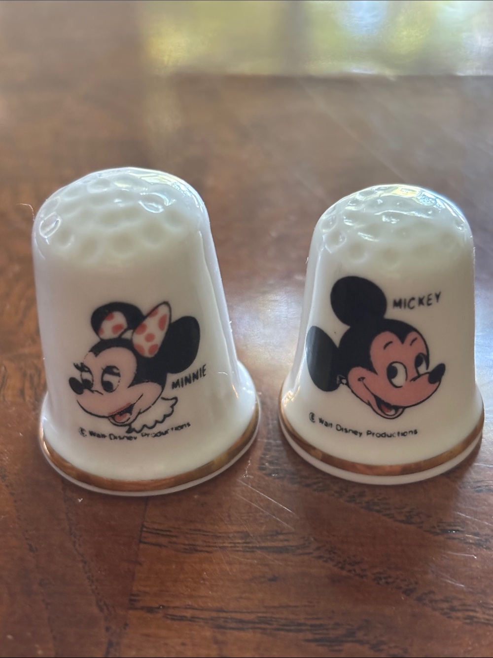 Vintage Disney Minnie & Mickey sewing thimbles with Gold Trim